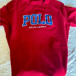 Ralph Lauren Red Polo Shirt with Blue Logo men's small or woman's oversized